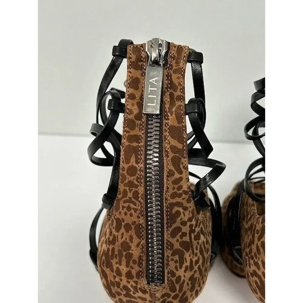 LITA By Ciara Strappy Sandals Stiletto Heels Leopard Print Leather 41/10.5‎ NIB